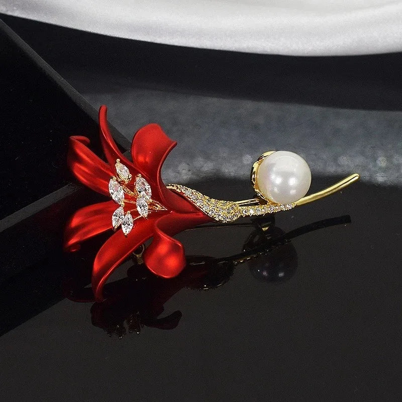 Luxury Red Enamel Lily Bouquet Brooch Rhinestone Plant Pin For Women Unisex Party Fashion Jewelry Accessories Gift