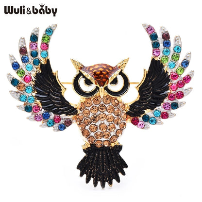 Wuli&baby Classical Flying Owl Brooches For Women Men Lovely Rhinestone Bird Animal Party Casual Brooch Pins Gifts