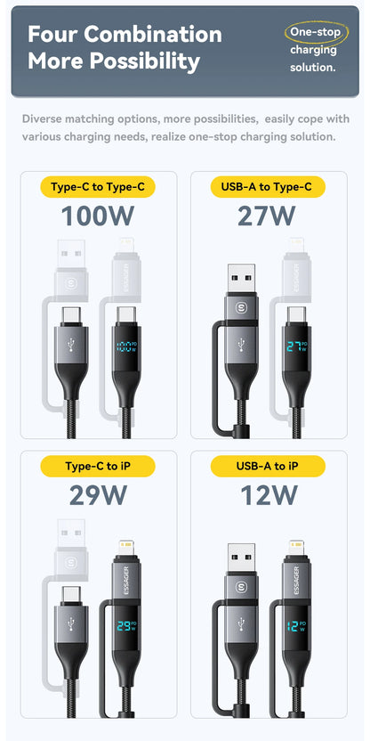Essager 4 In 1 Digital Display USB Cable Type C 100W PD Fast Charging Wire For iPhone Macbook iPad Xiaomi Type C Lighting Cable