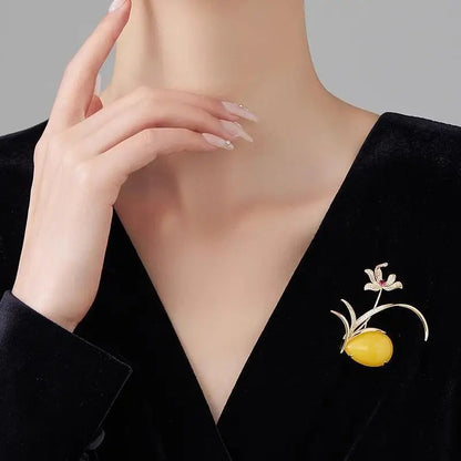 Luxury Orchid Brooch With Yellow Amber And Red Gemstone Elegant Gold Plated Flower Brooch For Women Vintage Jewelry