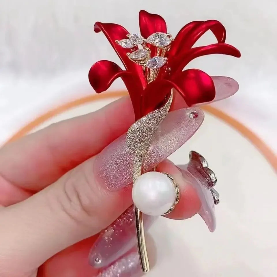 Luxury Red Enamel Lily Bouquet Brooch Rhinestone Plant Pin For Women Unisex Party Fashion Jewelry Accessories Gift