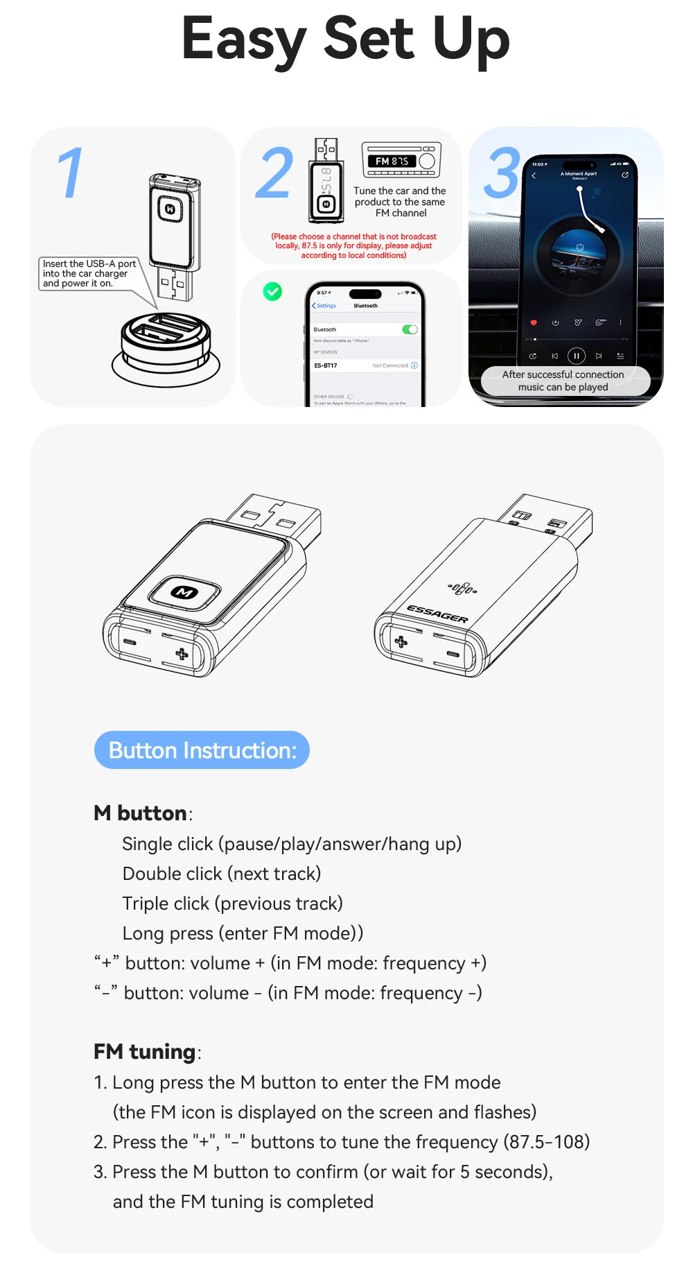 Essager Wireless Bluetooth 5.4 Car Adapter FM Transmitter Adapter Auto Connection Audio Receiver Auto Stereo Mic Car Adapter