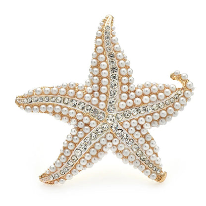 Wuli&baby Pearl Starfish Women Brooch Pin Sparkling Sea Star Jewelry Gift