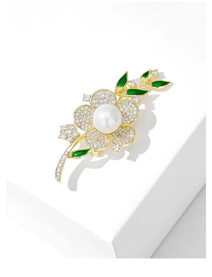 New Flowers Pearl Enamel Leaves Brooches for Women Men Elegant Plant Suit Coat Winter Accessories Pins