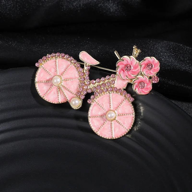 Cartoon Cute Pink Flower Bicycle Brooches For Women Girls Temperament Exquisite Fashion Pins Clothing Accessories Gifts
