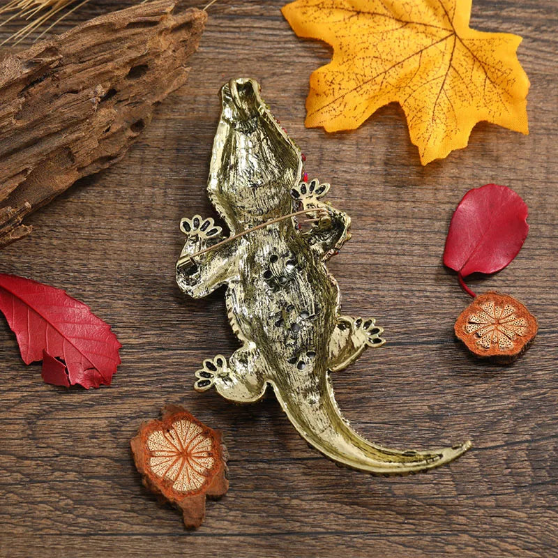 Classic Brown Crocodile Animal Men Pendant Brooch Pin Rhinestone Crystal Gifts