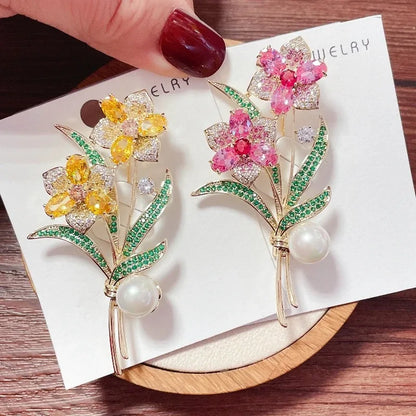 Luxury Orchid Narcissus Brooches for Women Vintage Crystal Flower Bouquet Pin Elegant Wedding Jewelry Gifts