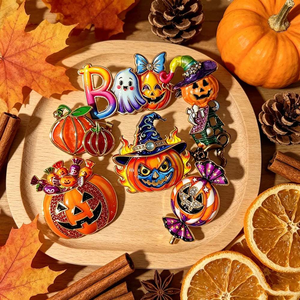 Halloween Sugar Skull Enamel Brooch Gothic Skeleton Pin Pumpkin Ghost Cat Badge for Coat Bag Day of The Dead Jewelry Party Gift