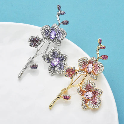 Wuli&baby Beautiful Plum-blossom Flower Brooches For Women Unisex 2-color Rhinestone Orchid Flowers Party Office Brooch Pins