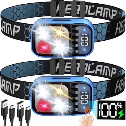 Rechargeable Fishing LED Headlamp With Sensors and Battery Indicator Super Bright Camping Light Using XPG+COB Lamp Beads