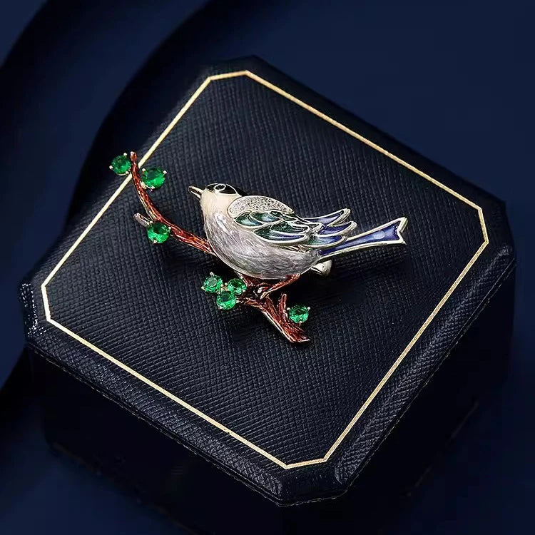 Chinese Style Magpie Enamel Brooch Magpie on Branch Auspicious Bird Pin Vintage Elegant Lapel Brooch for Women Suit Coat Scarf