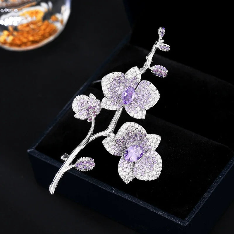 Ajojewel Purple Flowers Crystal Brooch Phalaenopsis Bouquet Pin Elegant Party Jewelry Christmas Gift Woman Birthday
