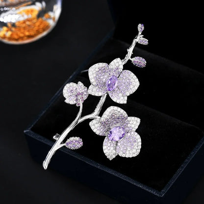 Ajojewel Purple Flowers Crystal Brooch Phalaenopsis Bouquet Pin Elegant Party Jewelry Christmas Gift Woman Birthday