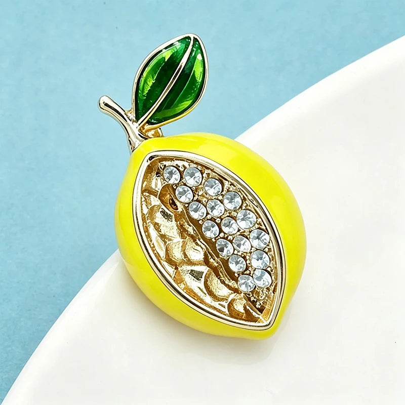 Wuli&baby Cute Enamel Lemon Brooches For Women Unisex Rhinestone Fresh Rhinestone Fruits Party Casual Brooch Pins Gifts