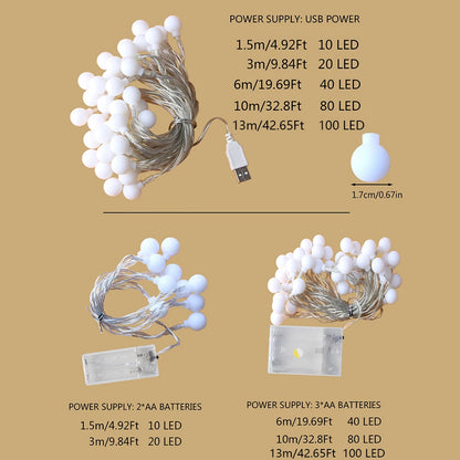 LED String Fairy Ball Lights USB/Battery Box Outdoor Ball Chain Lights Garland Lights Party Home Wedding Garden Christmas Decor