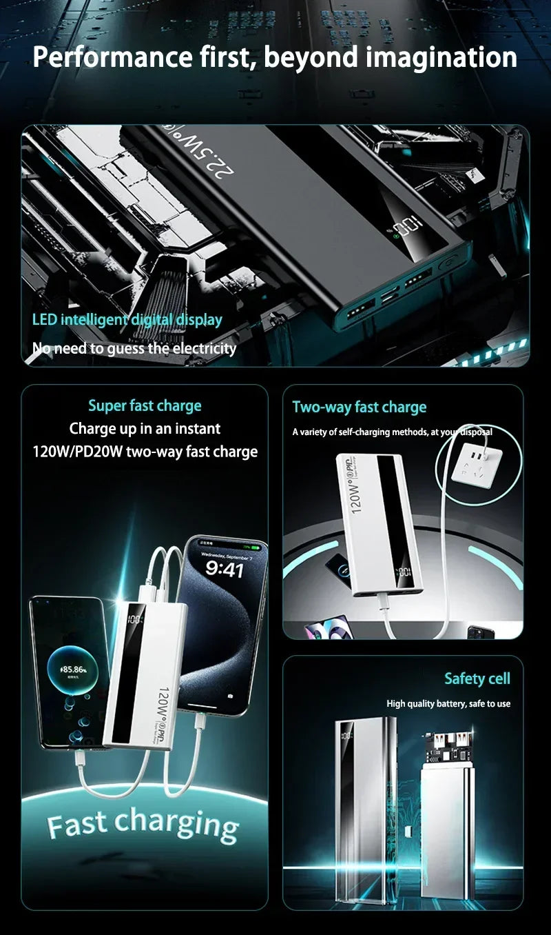 Lenovo 200000mAh Powerbank 120W Super Fast Charging Portable Battery Charger Ultra Capacity LED Digital Display For IPhone