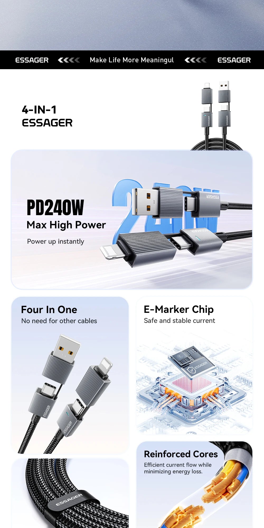 Essager 240W 4-in-1 Fast Charging Cable for iPhone17 16 15 Pro Max Macbook iPad Xiaomi Samsung Macbook USB Type C To USB C Cable