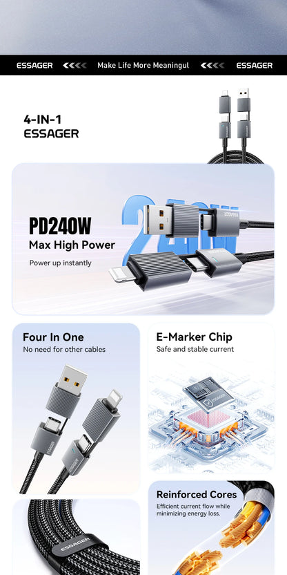 Essager 240W 4-in-1 Fast Charging Cable for iPhone17 16 15 Pro Max Macbook iPad Xiaomi Samsung Macbook USB Type C To USB C Cable