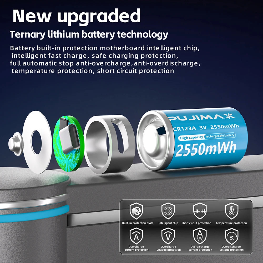 PUJIMAX Type-C Rechargeable CR123A 2550mWh 3V Lithium Battery Rechargeable Battery High Capacity  Portable Stable Output
