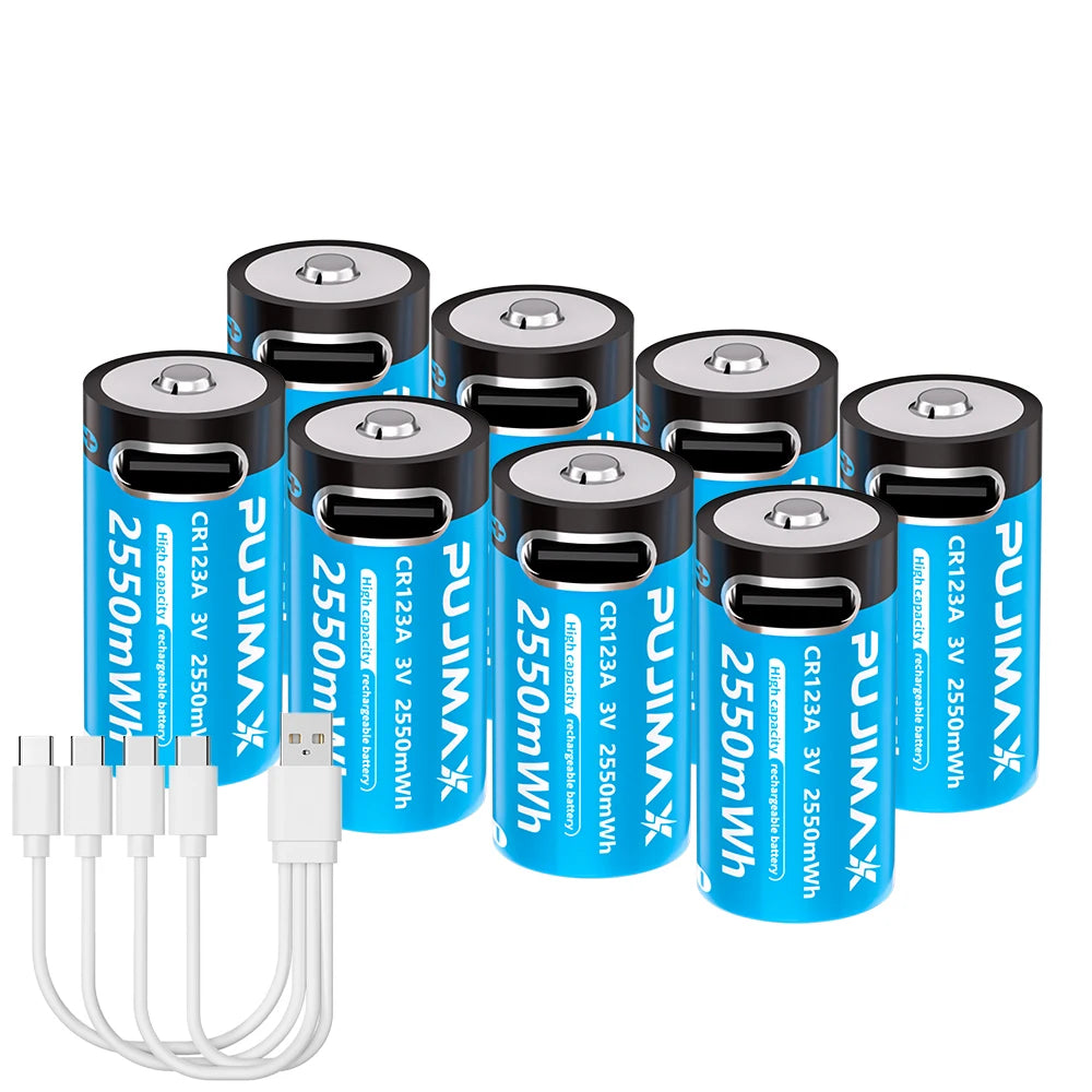 PUJIMAX Type-C Rechargeable CR123A 2550mWh 3V Lithium Battery Rechargeable Battery High Capacity  Portable Stable Output