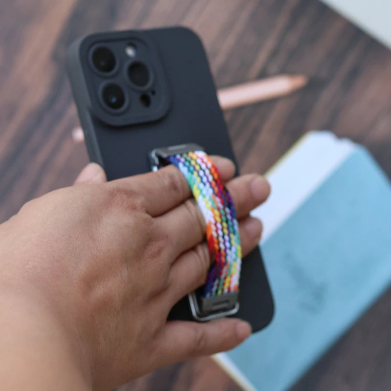 Foldable Sticky Back Phone Stand with Rainbow Strap Breathable Design and Lanyard Hole Multi Functional Portable Holder