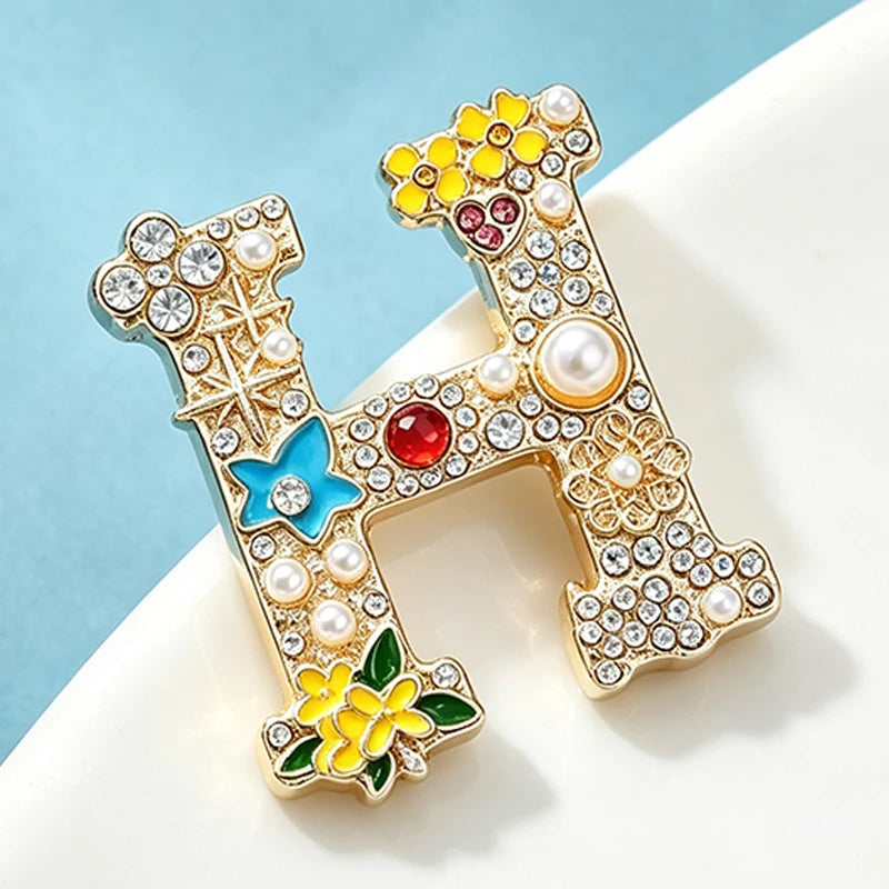 Wuli&baby Pearl Flower H English Letter Brooches For Women Unisex Beautiful Rhinestone H Office Casual Brooch Pin Gifts