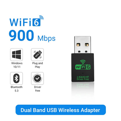 Bluetooth 5.3 AX900 Wifi 6 Adapter Mini USB WIFI 6 Dongle Network Card 2.4GHz Cle Wi-Fi Lan Adapter Driver Free PC Receiver