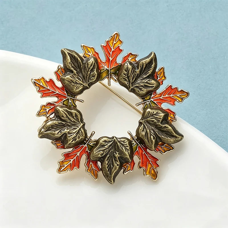Wuli&baby Enamel Leaves Wreath Brooches For Women Unisex Beautiful Flower Circle Christmas New Year Brooch Pin Gifts