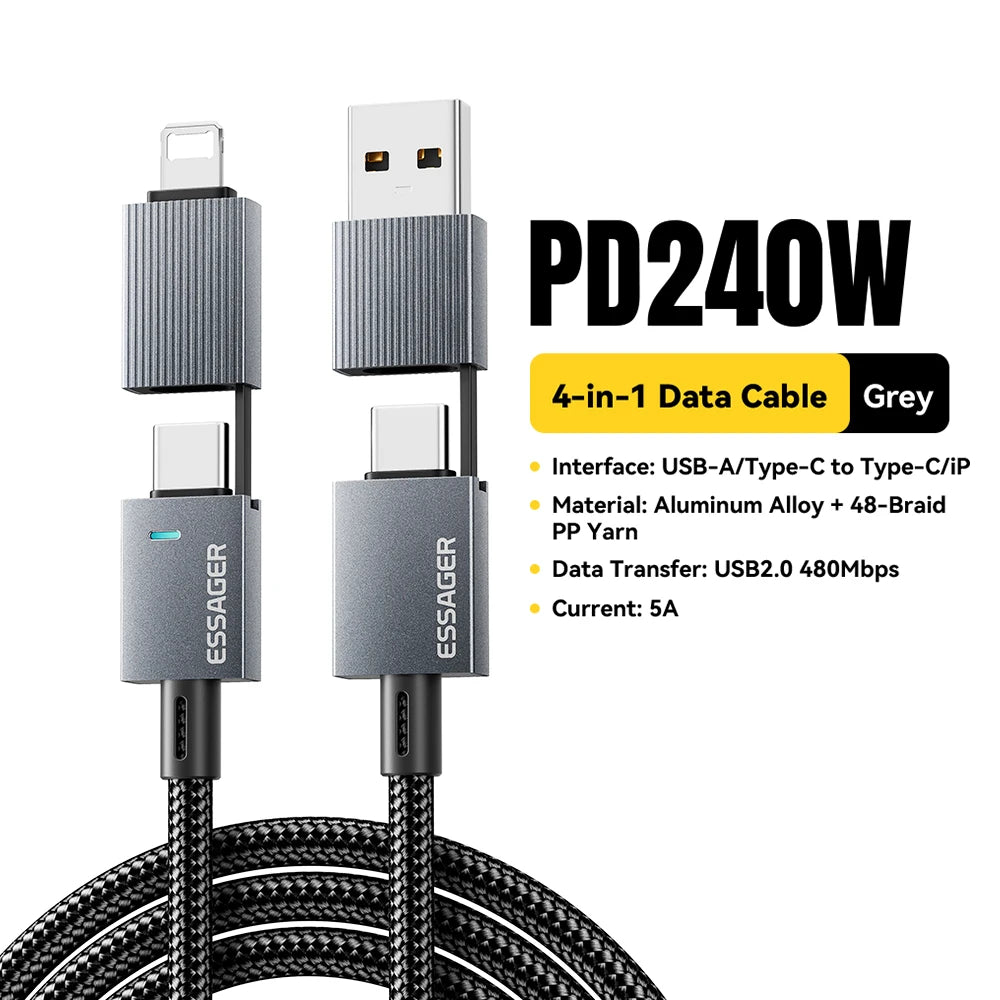 Essager 240W 4-in-1 Fast Charging Cable for iPhone17 16 15 Pro Max Macbook iPad Xiaomi Samsung Macbook USB Type C To USB C Cable