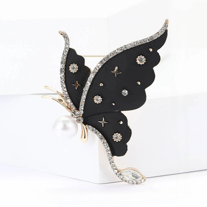 Pearl Enamel Butterfly Brooch Black White Rhinestone Crystal Insect Lapel Pin For Women Men Party Jewelry Accessories Gift