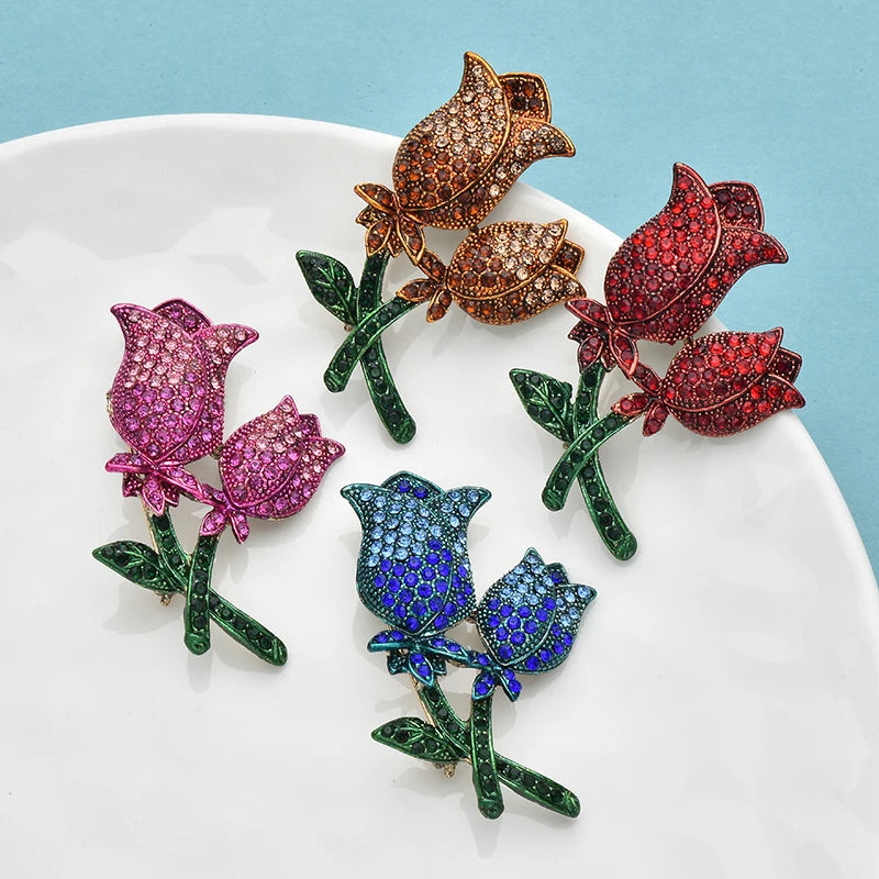 Wuli&baby Shining Rose-flower Brooches 4-color Rhinestone Beautiful Tulip Flowers Plants Brooch For Women's Clothes Pins Gifts