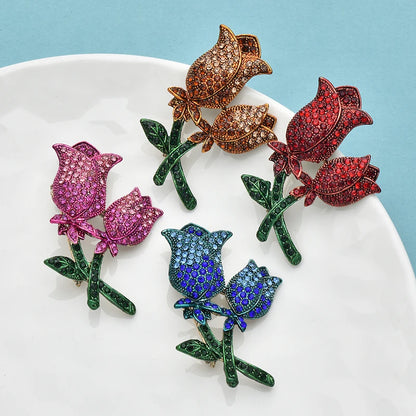 Wuli&baby Shining Rose-flower Brooches 4-color Rhinestone Beautiful Tulip Flowers Plants Brooch For Women's Clothes Pins Gifts