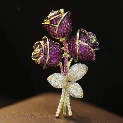 OKILY Luxury Artificial Red Corundum Rose Bouquet Brooch Women Elegant Atmosphere Dinner Coat Accessories Zircon Flower Corsage