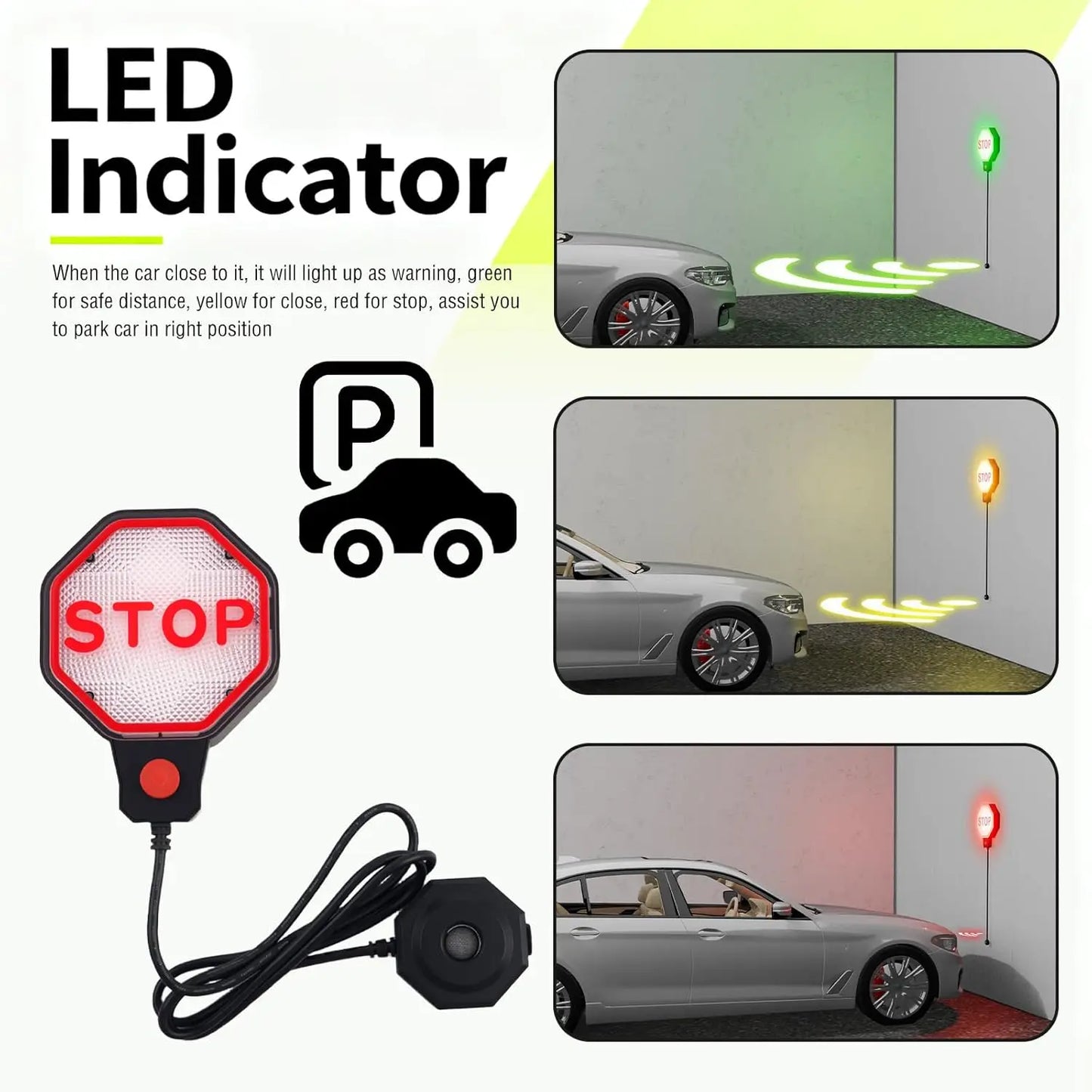 Garage Parking Sensor: Ultra-Precise LED Guidance with Fully Adjustable Stopping Point 6in to 6.5ft - Dual-Power Flexibility
