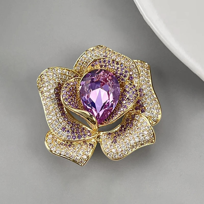 Fashion Exquisite Rhinestone Crystal Flower Brooch For Women Clothing Coat Jewelry Accessries Gifts