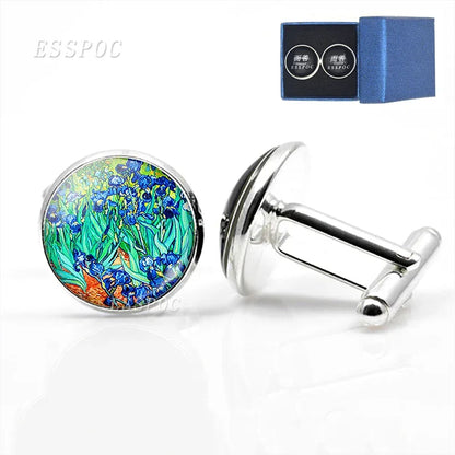 Van Gogh Oil Painting Glass Alloy Cufflinks Starry Night Sunflower Suit Cuff Links Men Shirt Accessories Husband birthday Gift