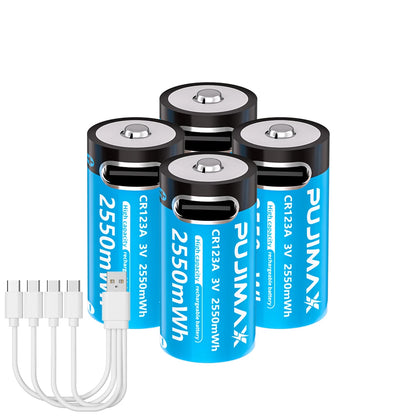 PUJIMAX Type-C Rechargeable CR123A 2550mWh 3V Lithium Battery Rechargeable Battery High Capacity  Portable Stable Output