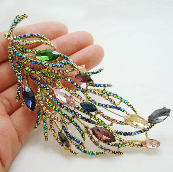Famous Brand Design Luxurious Retro Design Long Feather Brooch Pin Multi-color Rhinestone Crystal Woman Jewelry Gifts for Girl