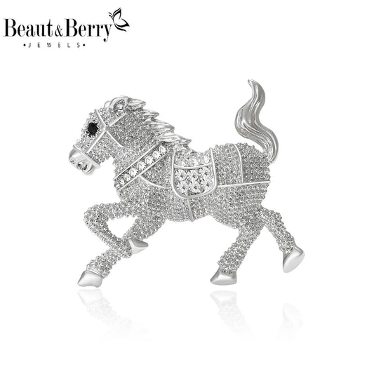 Beaut&Berry Classic Rhinestone Horse Brooches for Women Zodiac Animal Lapel Pins Casual Party Accessories New Year Gifts Friends