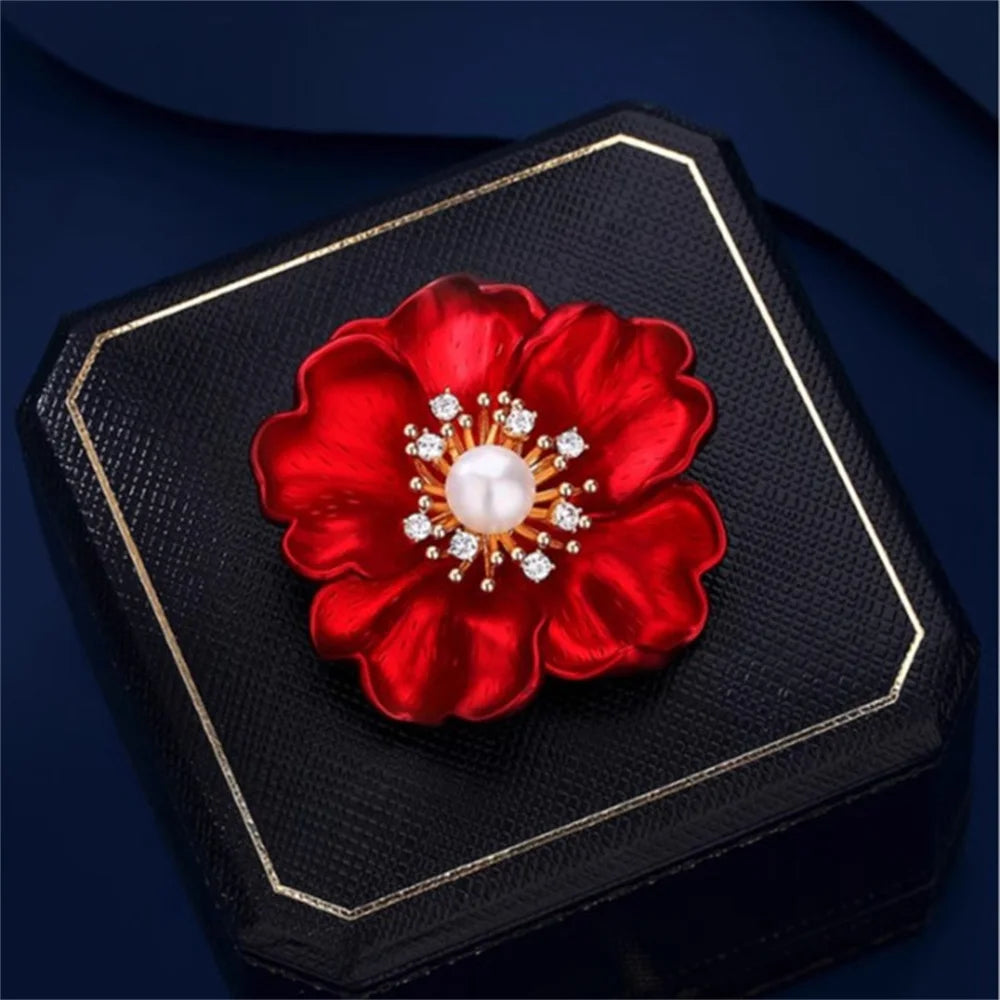 Exquisite Red Flower Brooches Shiny Rhinestone Crystal Flower Plant Enamel Pins Party Jewelry Accessories Gifts 2026