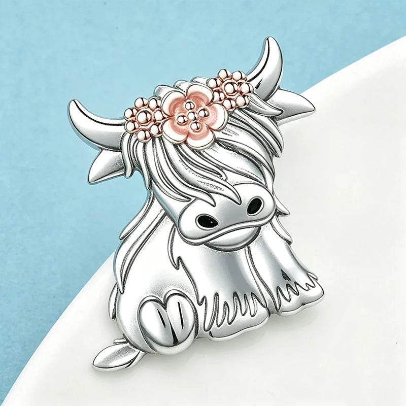 Wuli&baby Cute Highland Cow Brooches For Women Unisex Alloy Wear Flowers Gentle Cattle Animal Party Casual Brooch Pins Gifts