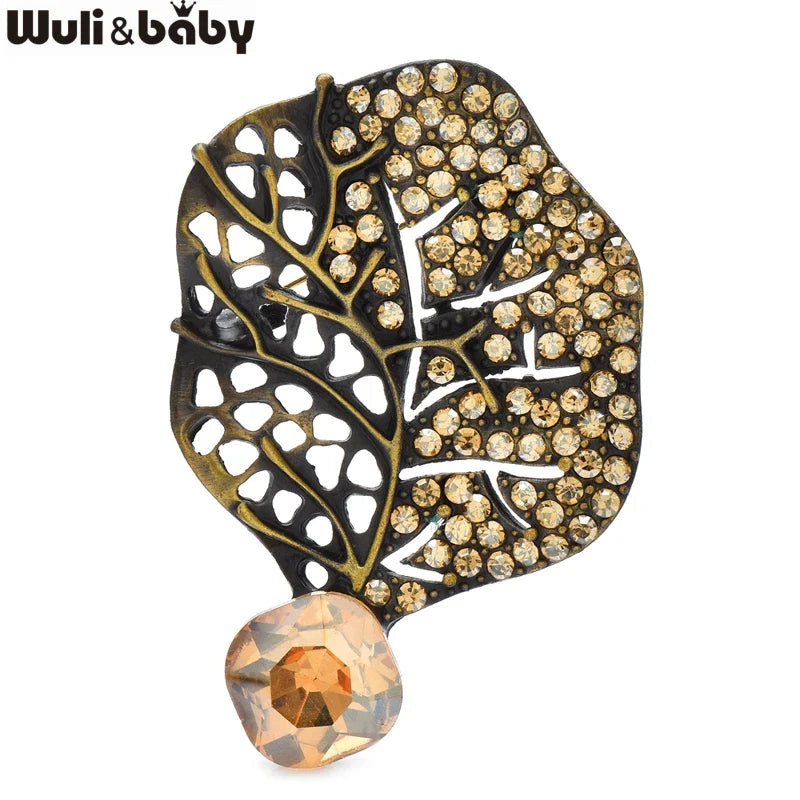 Wuli&baby Retro Crystal Leaf Brooch Pins 3-color High Quality Rhinestone Metal Flower Brooches For Women's Clothes Fashion Gifts