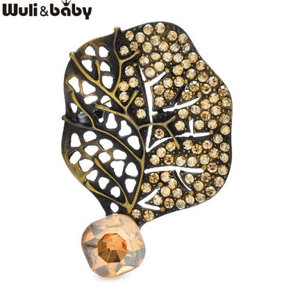 Wuli&baby Retro Crystal Leaf Brooch Pins 3-color High Quality Rhinestone Metal Flower Brooches For Women's Clothes Fashion Gifts