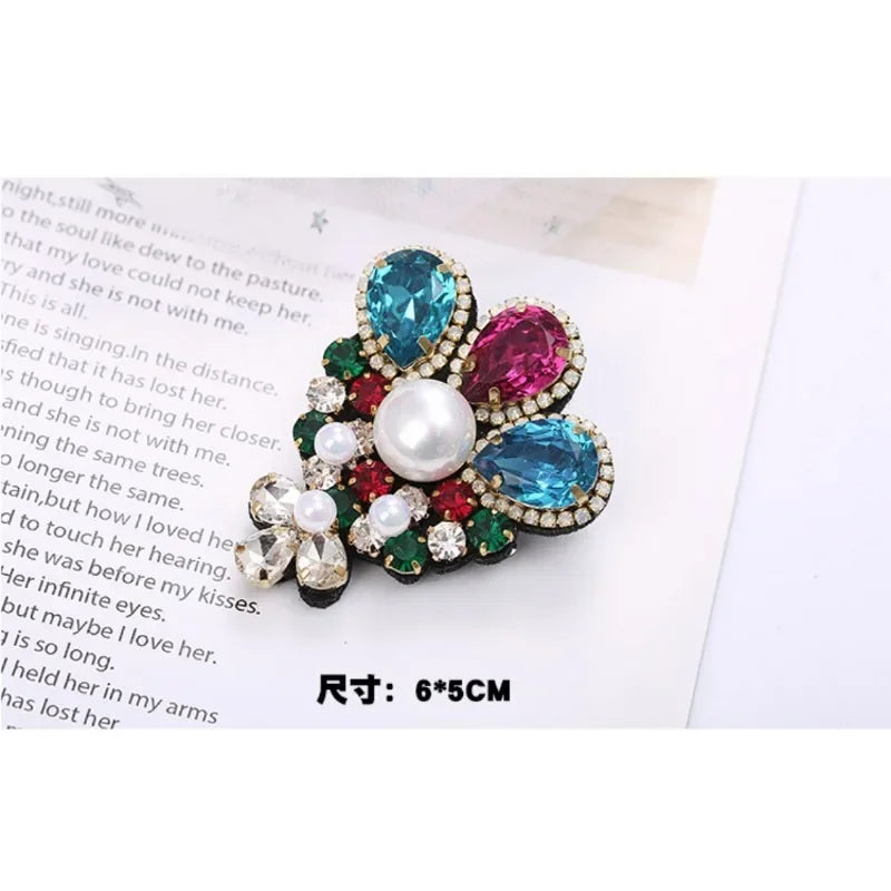 Elegant Geometric Crystal Stone Square Symmetrical Brooch Blue Green Large Rhinestone Cross Flower Pin with Clip for Women