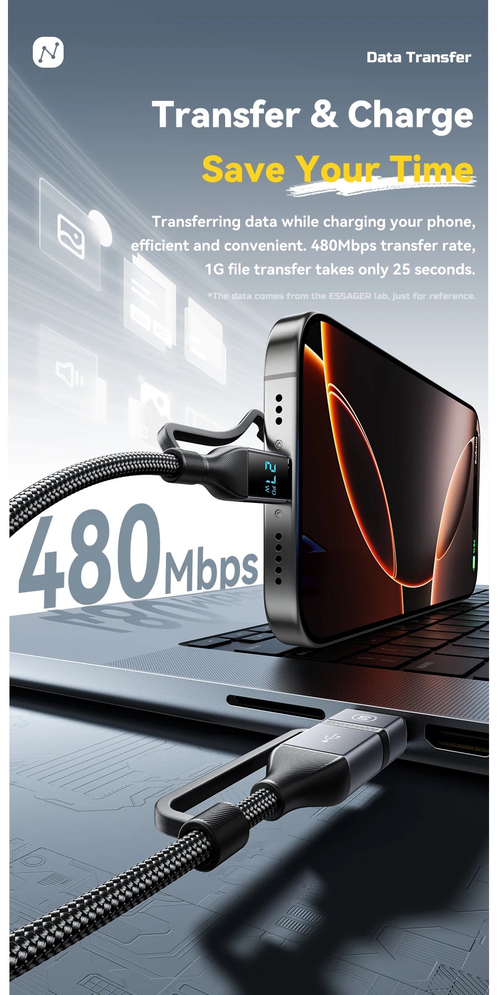 Essager 4 In 1 Digital Display USB Cable Type C 100W PD Fast Charging Wire For iPhone Macbook iPad Xiaomi Type C Lighting Cable