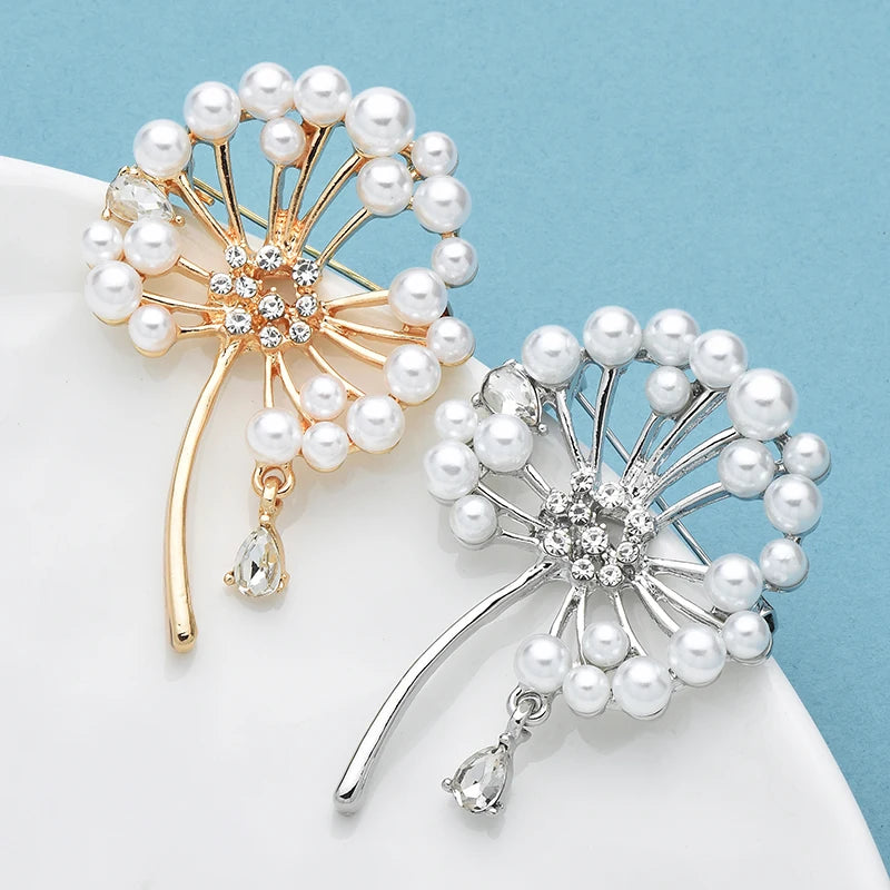 Wuli&baby Elegant Pearl Dandelion Flower Brooches For Women Unisex 2-color Plants Party Office Clothes Brooch Pins Gifts