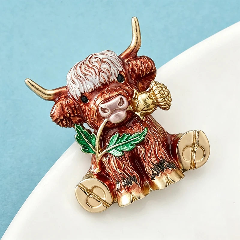 Wuli&baby Thistle Flower Cattle Brooches For Women Unisex Lovely Enamel Highland Cow Animal Party Casual Brooch Pin Gifts