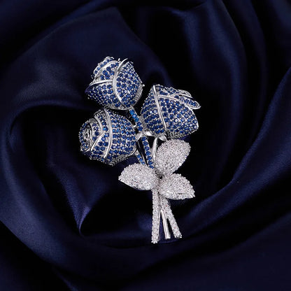 OKILY Luxury Artificial Red Corundum Rose Bouquet Brooch Women Elegant Atmosphere Dinner Coat Accessories Zircon Flower Corsage