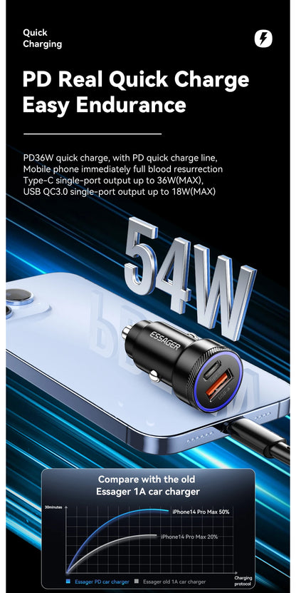 Essager 54W USB Car Charger 5A Fast Charge 3.0 QC  SCP AFC 30W USB Type C Quick Charging For Xiaomi poco iPhone Huawei Samsung