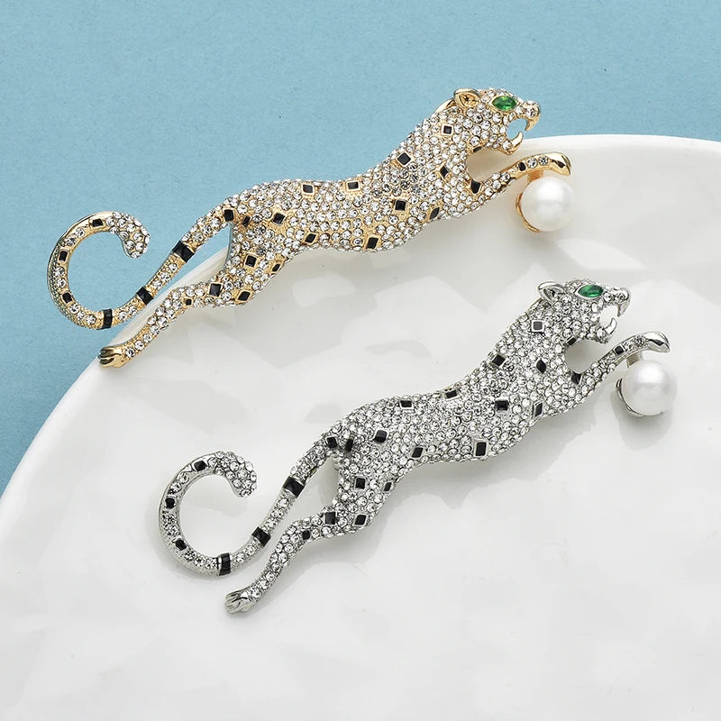 Wuli&baby Shining Leopard Brooches For Women Men 2-color Full Rhinestone Running Animal Party Office Brooch Pins Gifts